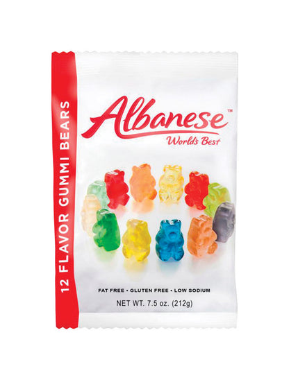 Assorted gummy bears in 7.5oz packs by Emery Jensen, colorful non-chocolate candy, displayed in a clear plastic bag.