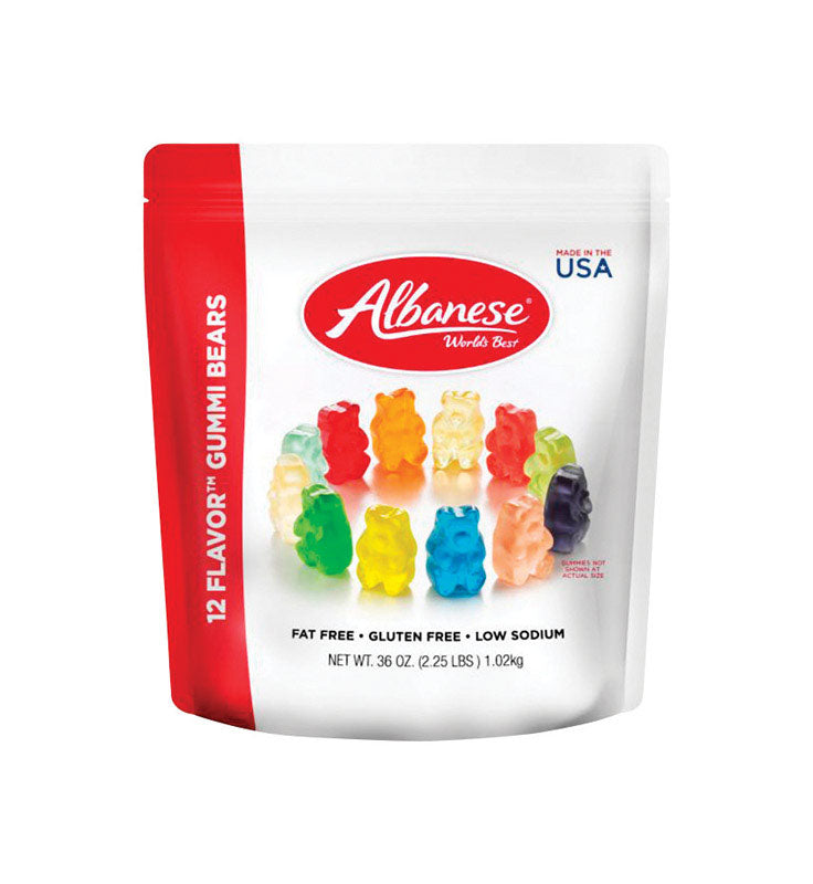 Assorted gummy bears in a 36oz Emery Jensen candy container, showcasing colorful fruit-flavored gummy bears.