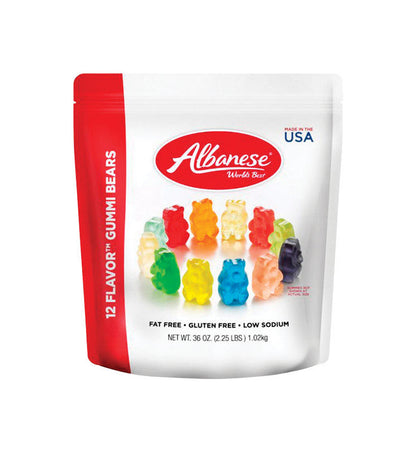 Assorted gummy bears in a 36oz Emery Jensen candy container, showcasing colorful fruit-flavored gummy bears.