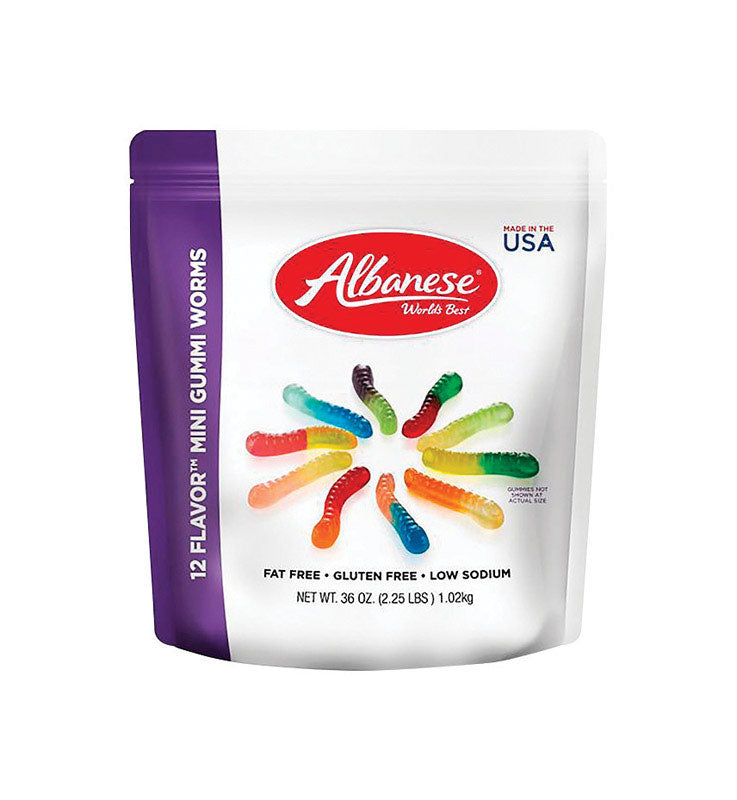 Mini Gummi Worms candy by Emery Jensen in a 36oz package, colorful gummy worms with a chewy texture and vibrant appearance.