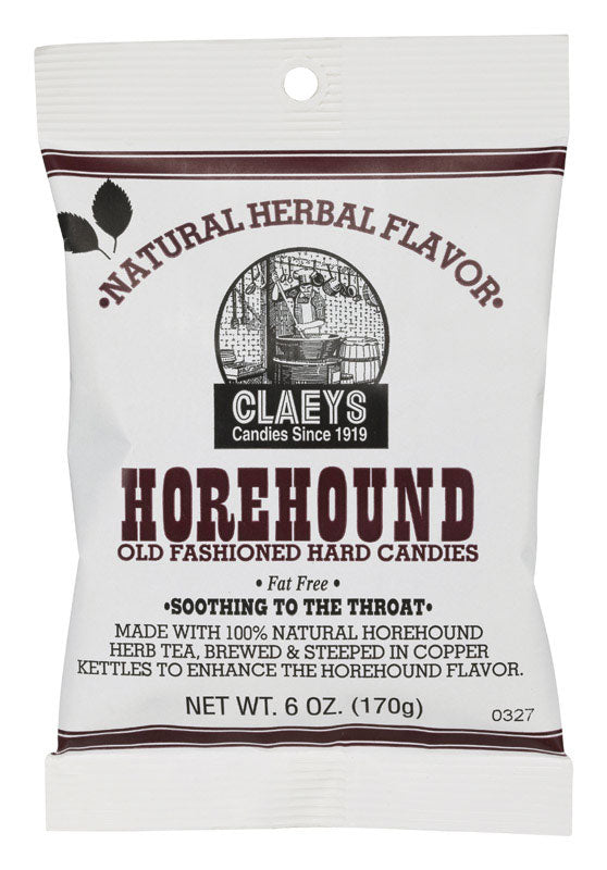 Emery Jensen Horehound Hard Candy in a 6oz package, showing a clear view of the peppermint-flavored candy pieces.