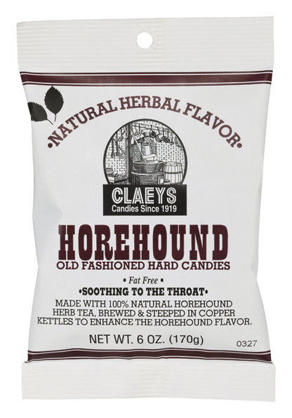 Emery Jensen Horehound Hard Candy in a 6oz package, showing a clear view of the peppermint-flavored candy pieces.