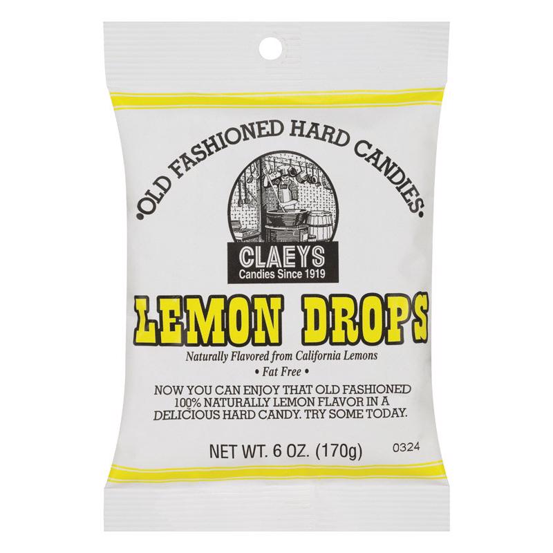 Emery Jensen Lemon Drop hard candy in a 6oz bag, bright yellow citrus-flavored sweets in clear packaging.