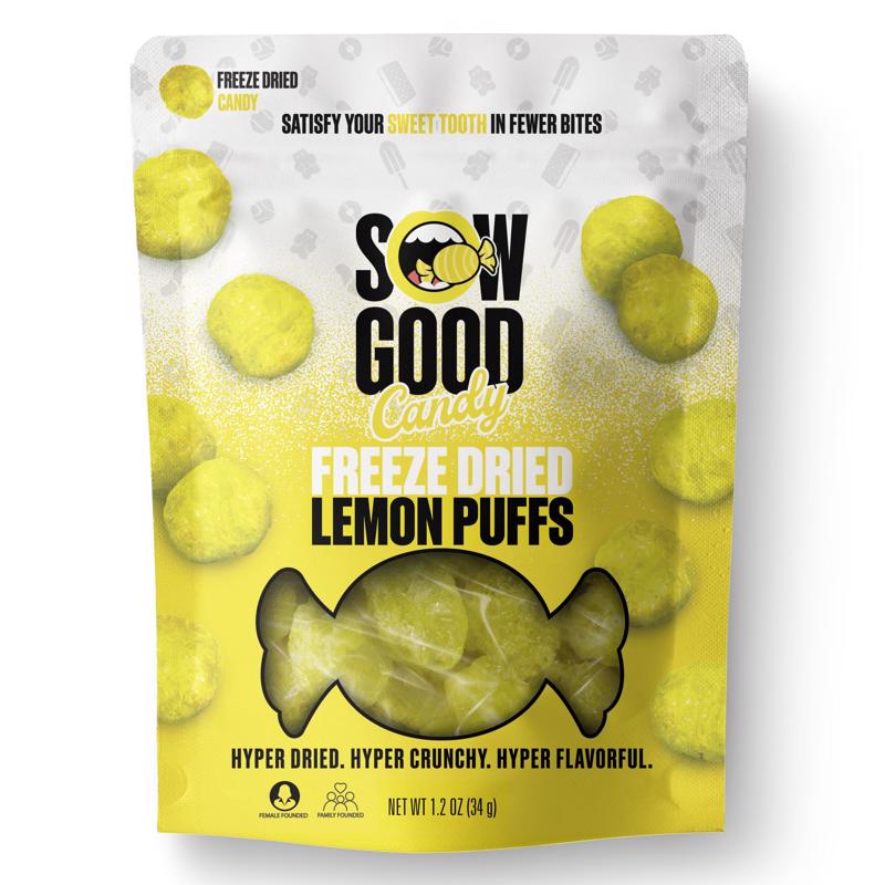 Emery Jensen Lemon Puff candy in 1.2oz package, bright yellow lemon-flavored non-chocolate sweets with textured surface.