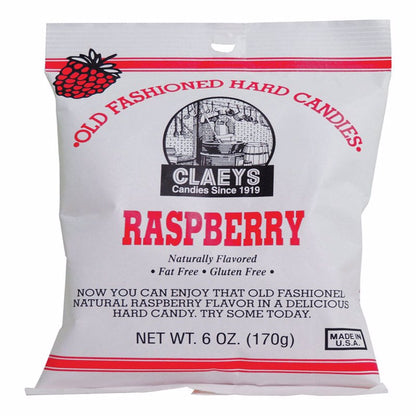 Emery Jensen raspberry hard candy in a 6oz bag, bright red, glossy, and wrapped individually for sweet raspberry flavor.