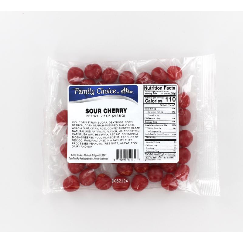 Emery Jensen sour cherry candy in an 8 oz bag, non-chocolate sour fruit-flavored candy with vibrant red cherries.