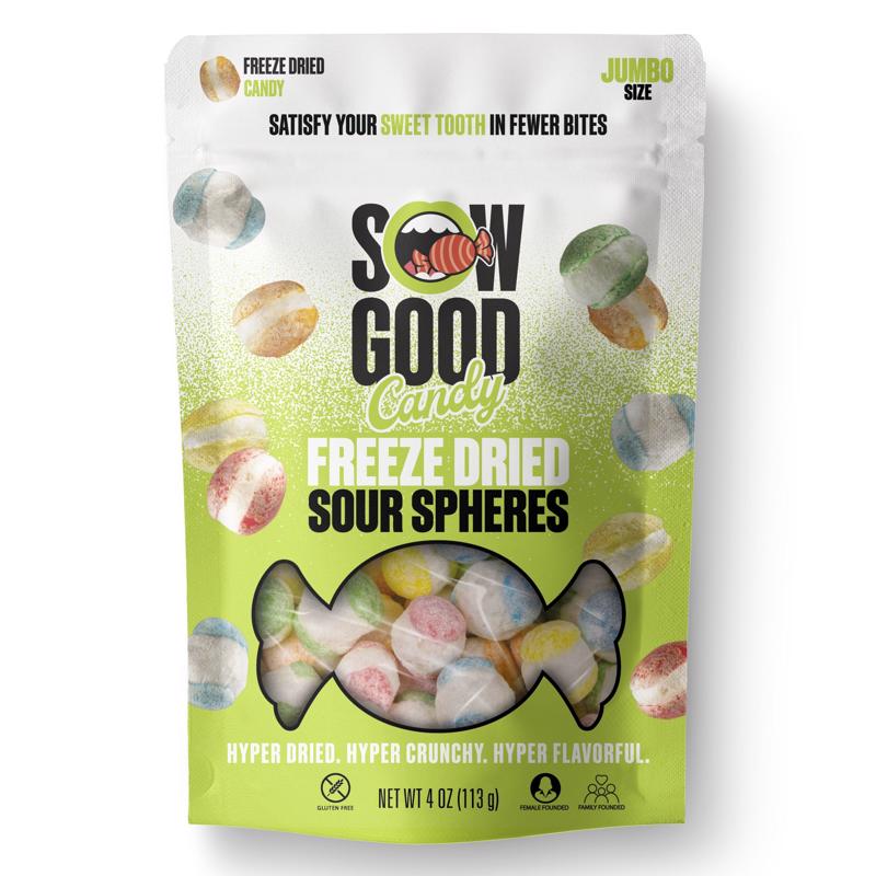 Emery Jensen sour spheres candy in a 4oz bag, colorful round non-chocolate sour candies with vibrant coating.
