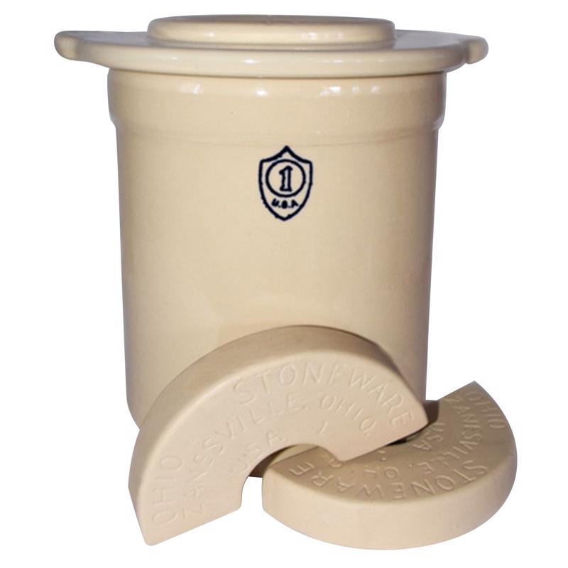 Emery Jensen 1-gallon stoneware canning crock set with rustic finish, ideal for preserving and storing food.
