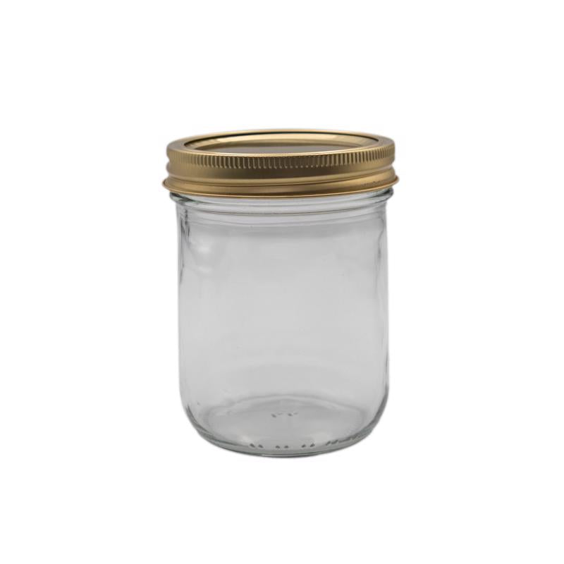 Set of 12 Emery Jensen 1 pint canning jars for preserving food and homemade jams, with glass lids and metal bands.
