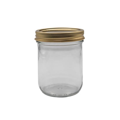 Set of 12 Emery Jensen 1 pint canning jars for preserving food and homemade jams, with glass lids and metal bands.