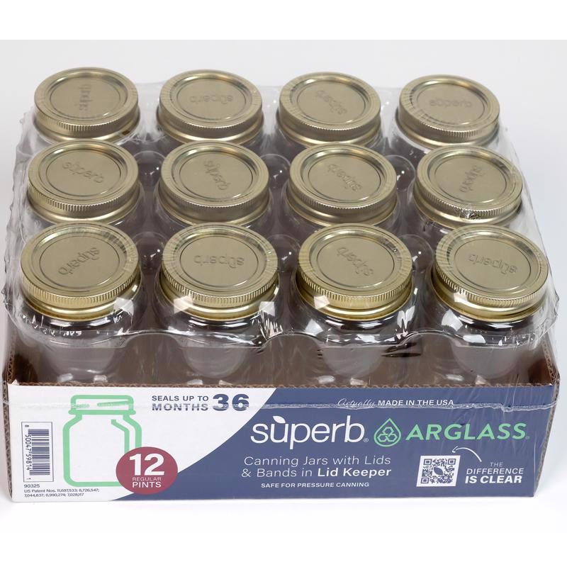Set of 12 Emery Jensen Canning Jars, 16 oz glass jars for preserving and storing food, ideal for home canning projects.