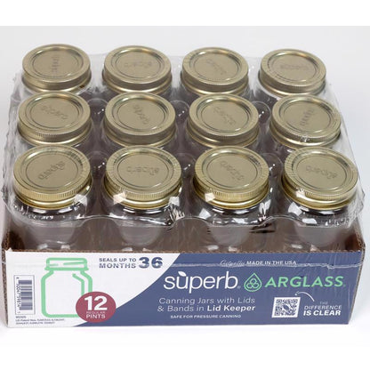 Set of 12 Emery Jensen Canning Jars, 16 oz glass jars for preserving and storing food, ideal for home canning projects.