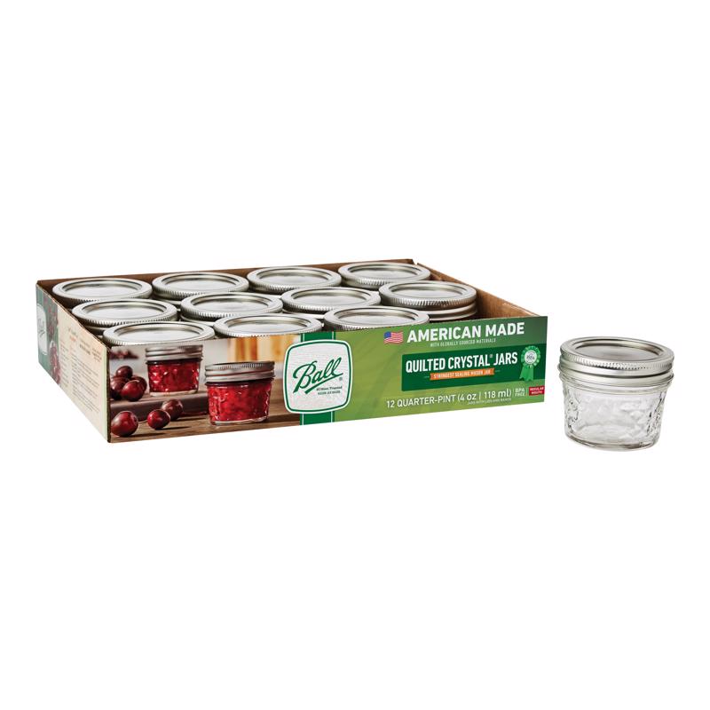 Set of 12 Emery Jensen 4oz Jelly Jars, canning jars with metal lids, ideal for preserving jams and small food items.