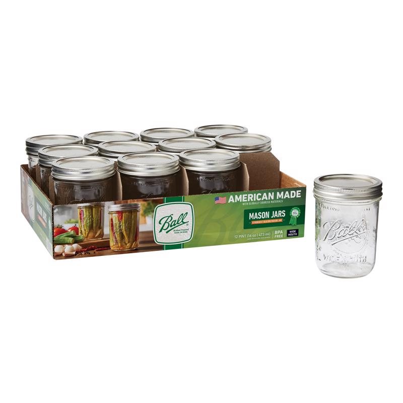 Set of 12 Emery Jensen MASN Canning Jars, 16 oz capacity, ideal for preserving and storing homemade jams and preserves.
