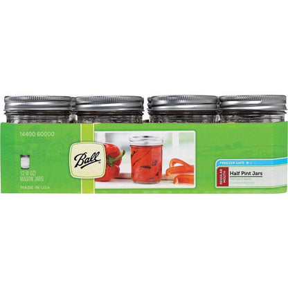 Set of 12 Emery Jensen 8oz Mason jar glasses for canning and storage, featuring classic glass design and sturdy lids.