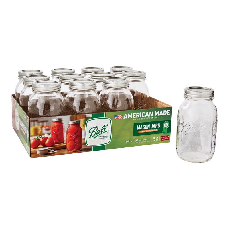 Set of 12 Emery Jensen Mason Jars, 32oz canning jars with metal lids, ideal for preserving and storing food.