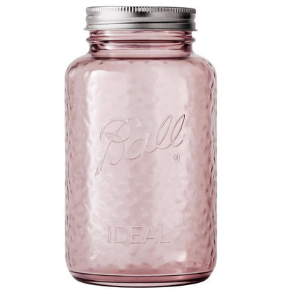 Set of four Emery Jensen Mason Jars with rose design, 1-quart capacity, ideal for canning and storage.