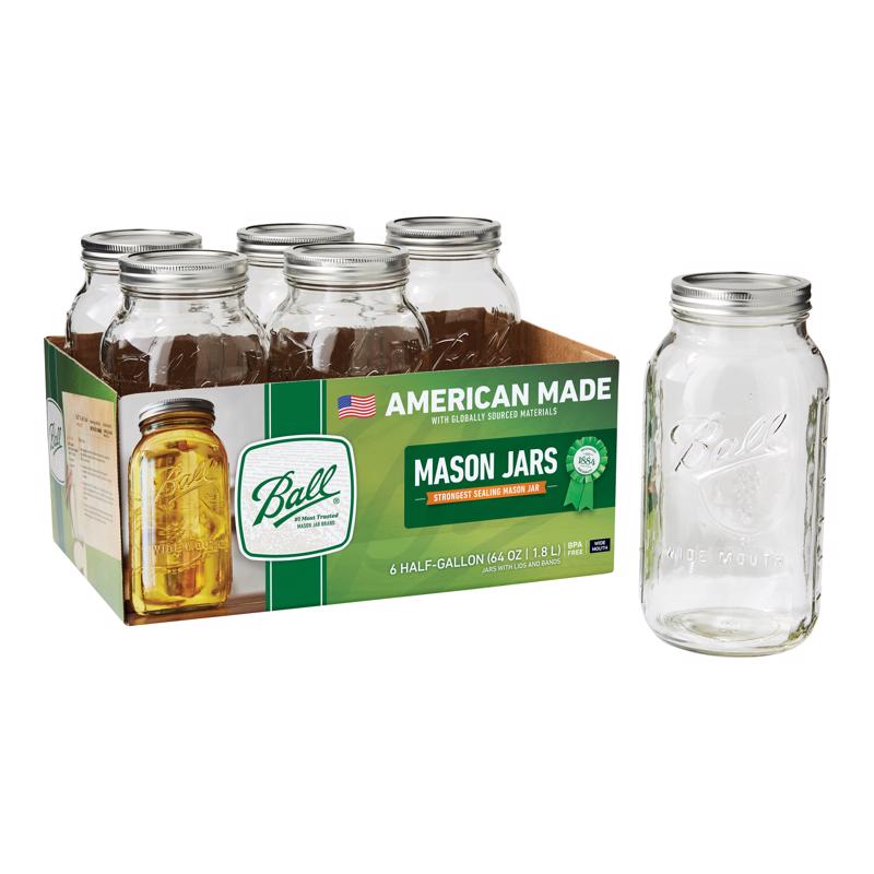 Emery Jensen 1/2 gallon Mason jar for canning, clear glass with metal lid, suitable for preserving food and beverages.