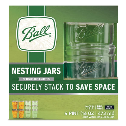 Emery Jensen 16oz glass nesting canning jar with metal lid, ideal for preserving and storing food in the kitchen.