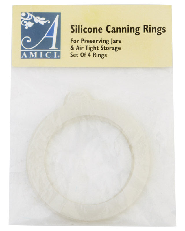 Set of four Emery Jensen metal canning rings for regular-mouth jars, used for sealing preserved food.