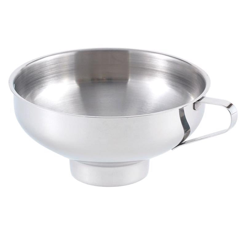 Stainless steel canning funnel with a 5.5-inch diameter from Emery Jensen, designed for efficient food preservation and canning.