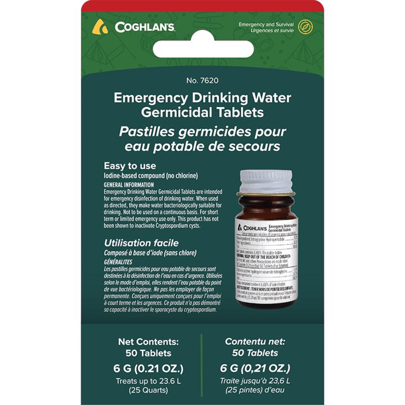 Emery Jensen drinking water tabs for canteens and water carriers, 50-pack for portable water purification.