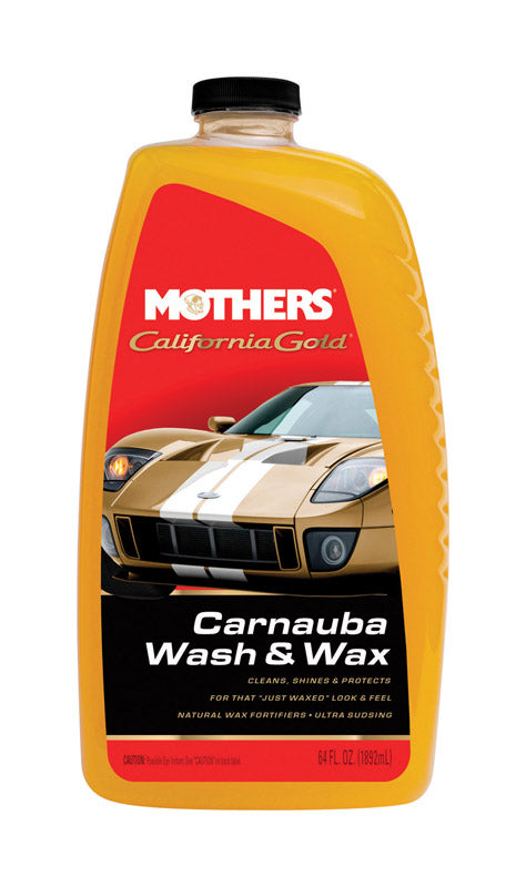 Emery Jensen Calif Gold Wash & Wax car wash bottle, 64oz with yellow and blue label, ready for cleaning and shining vehicles.