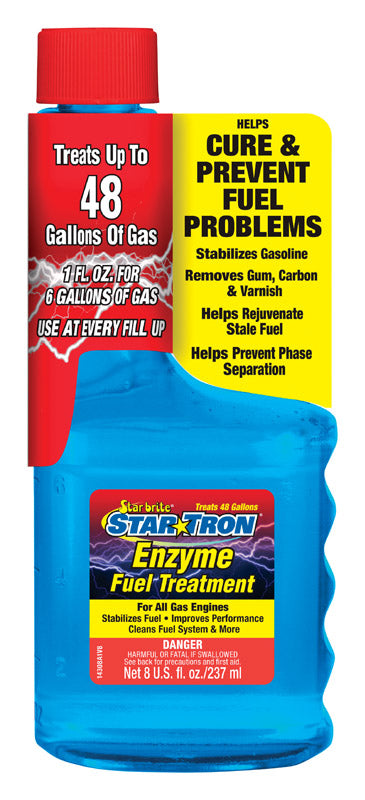 Emery Jensen enzyme fuel treatment bottle, 8oz, a carb cleaner and gas additive for vehicle maintenance.