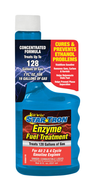 Emery Jensen Enzyme Fuel Treatment 8oz bottle, a carb cleaner and gas additive for vehicle engine performance.