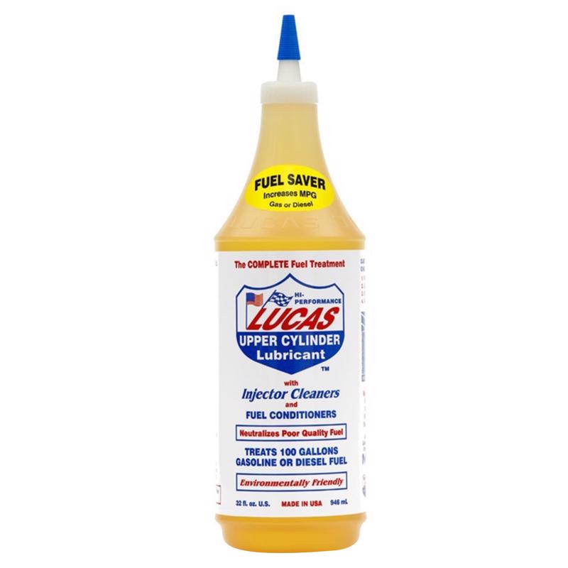 Pack of 12 Lucas Fuel Treatment 32oz bottles, carb cleaners and gas additives by Emery Jensen for engine performance.