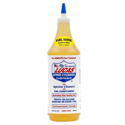 Pack of 12 Lucas Fuel Treatment 32oz bottles, carb cleaners and gas additives by Emery Jensen for engine performance.