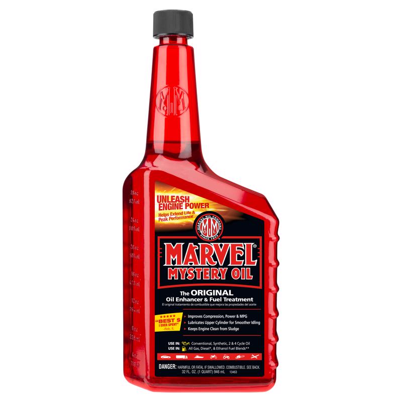 Emery Jensen Oil Top Cylinder Marvel QT, automotive carb cleaner and gas additive for engine maintenance, shown in a clear container