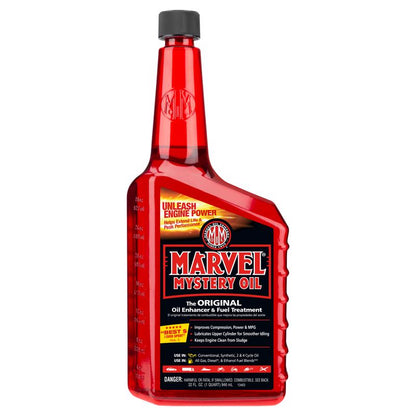 Emery Jensen Oil Top Cylinder Marvel QT, automotive carb cleaner and gas additive for engine maintenance, shown in a clear container