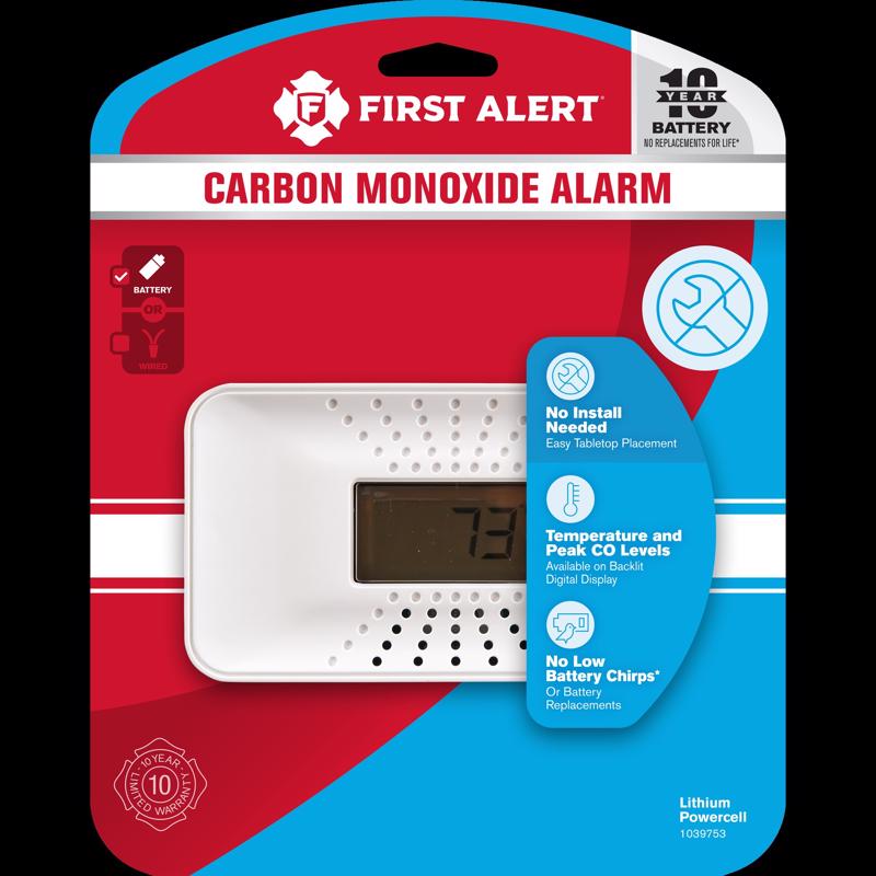 Emery Jensen 10-year sealed carbon monoxide alarm detector mounted on wall, safety device for home protection