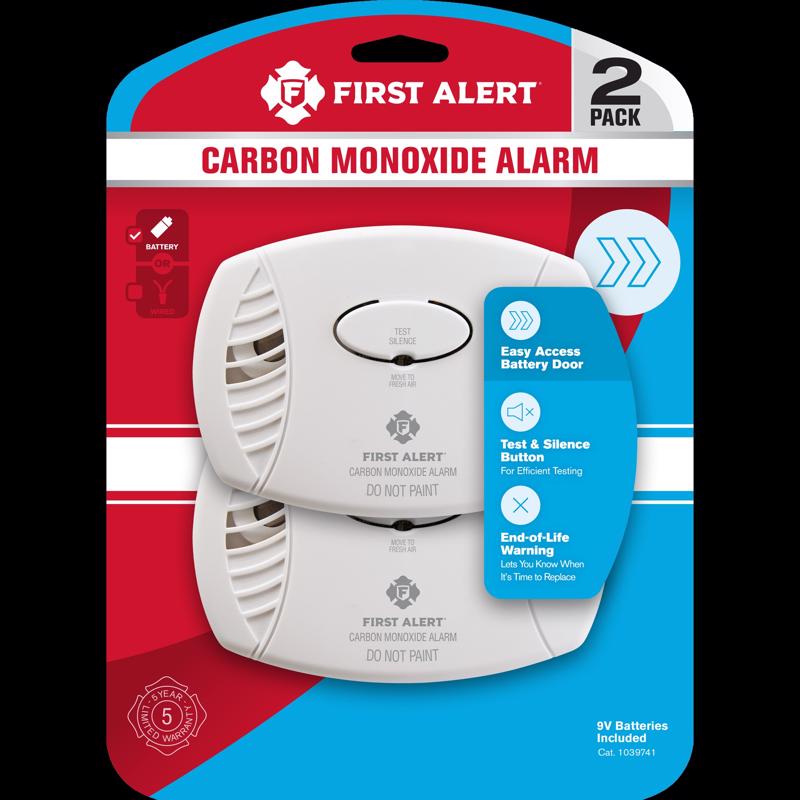 Two Emery Jensen carbon monoxide detectors, CO alarm 2-pack, mounted on a wall for home safety.