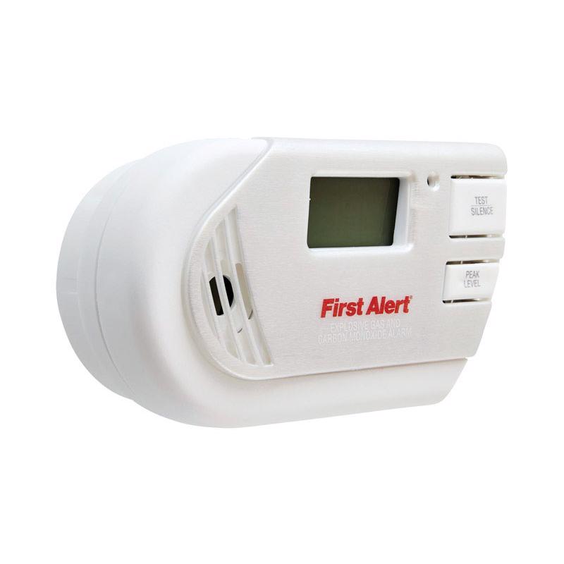 Emery Jensen plug-in carbon monoxide and gas alarm detector with digital display and alert buttons.