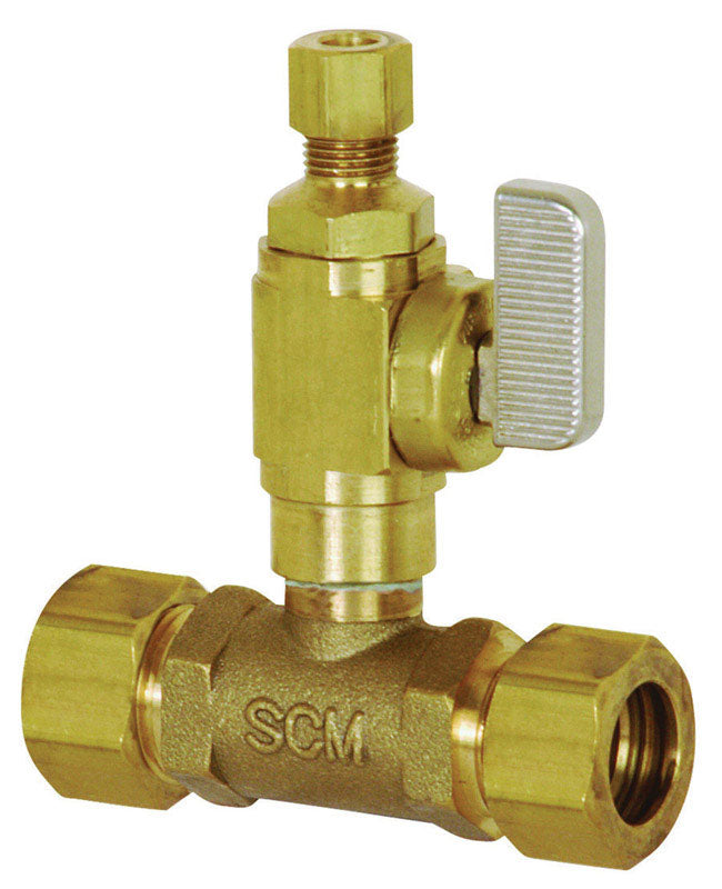 Emery Jensen carded compression fitting valve 5/8x5/8 CMP x 1/4 LF for plumbing applications, displayed on packaging.