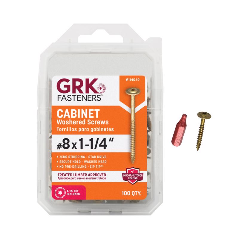 Pack of 100 Emery Jensen #8x1.25-inch CARDED CAB screws displayed in clear packaging, suitable for woodworking or construction projects.