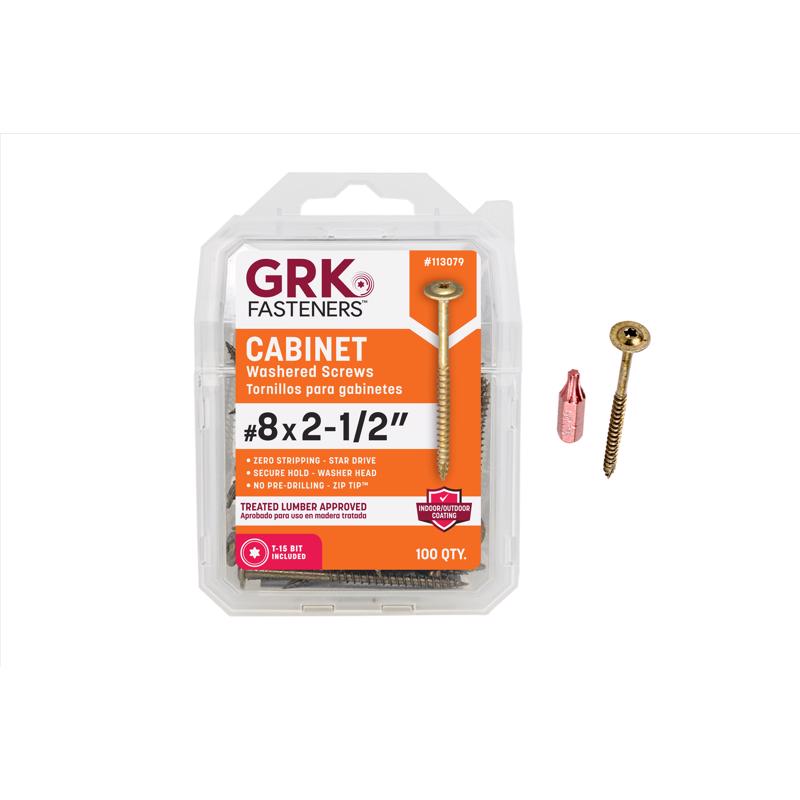 Pack of 100 Emery Jensen #8x2.5 inch cab screws on a card, suitable for woodworking and fastening projects.