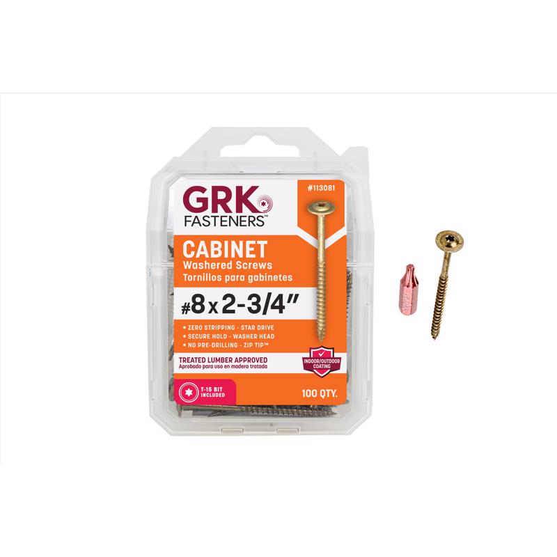 Pack of 100 Emery Jensen CAB screws, #8x2-3/4 inch, in a carded package, suitable for woodworking and construction projects.
