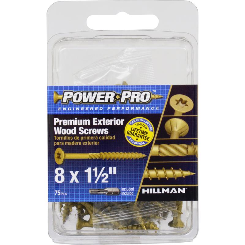 Emery Jensen DCK screw 8x1.5 inch flat head, 75-pack, displayed in carded packaging, suitable for DIY and construction projects.