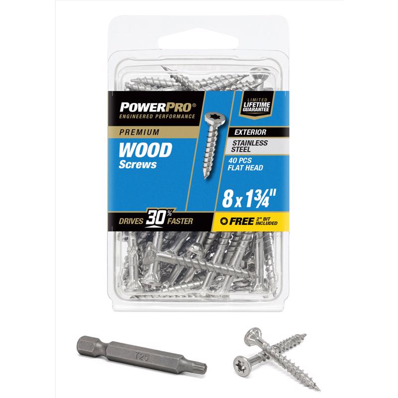 Emery Jensen DCK screw 8x1.75 inch, 40-pack, stainless steel, carded packaging, suitable for construction and repair projects.