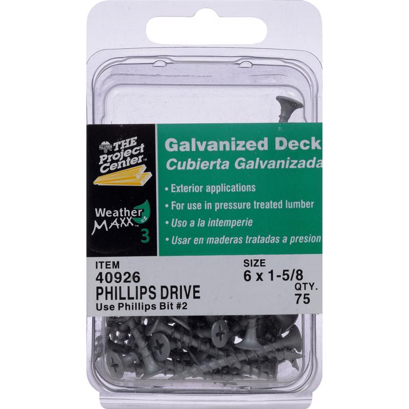Emery Jensen deck screw #6x1-5/8 inch, carded with a Phillips head, suitable for woodworking and decking projects.