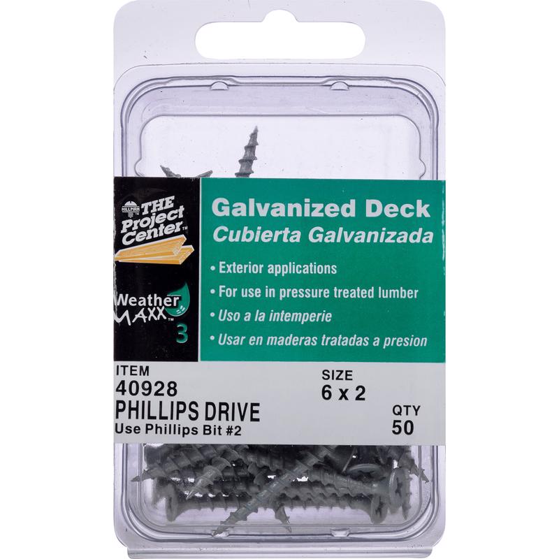 Emery Jensen #6x2 deck screw in a carded packaging, showing the screw with a flat head and threaded shank for woodworking projects.
