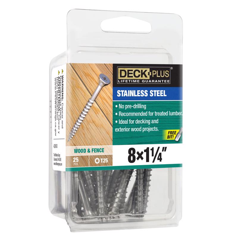 Emery Jensen #8x1 1/4 inch deck screw in a carded package, ideal for outdoor woodworking and construction projects.