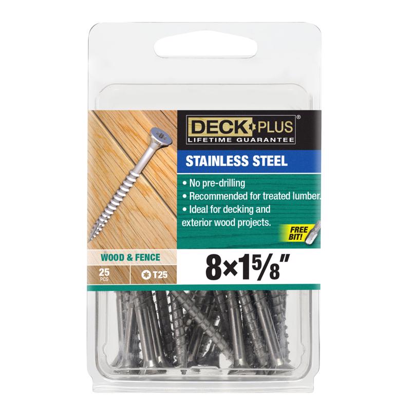 Emery Jensen #8x1-5/8" deck screw in a carded pack, showing the screw with a threaded shaft and Phillips head.