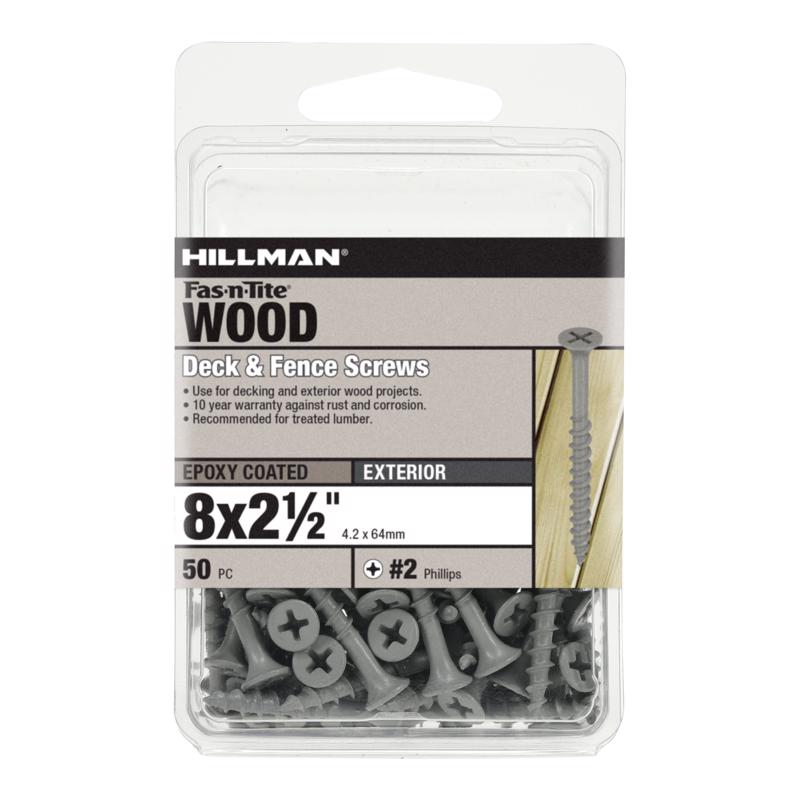 Emery Jensen #8x2.5-inch deck screw in carded packaging, showing the threaded metal screw for wood decking projects.