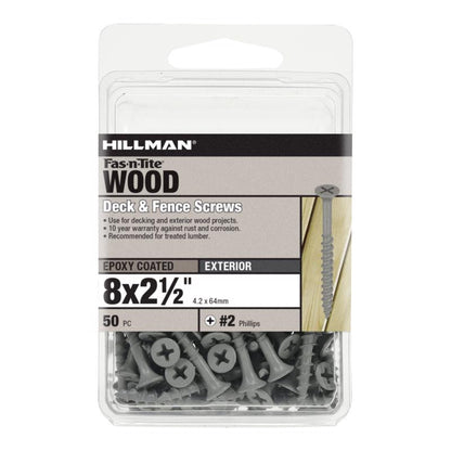 Emery Jensen #8x2.5-inch deck screw in carded packaging, showing the threaded metal screw for wood decking projects.