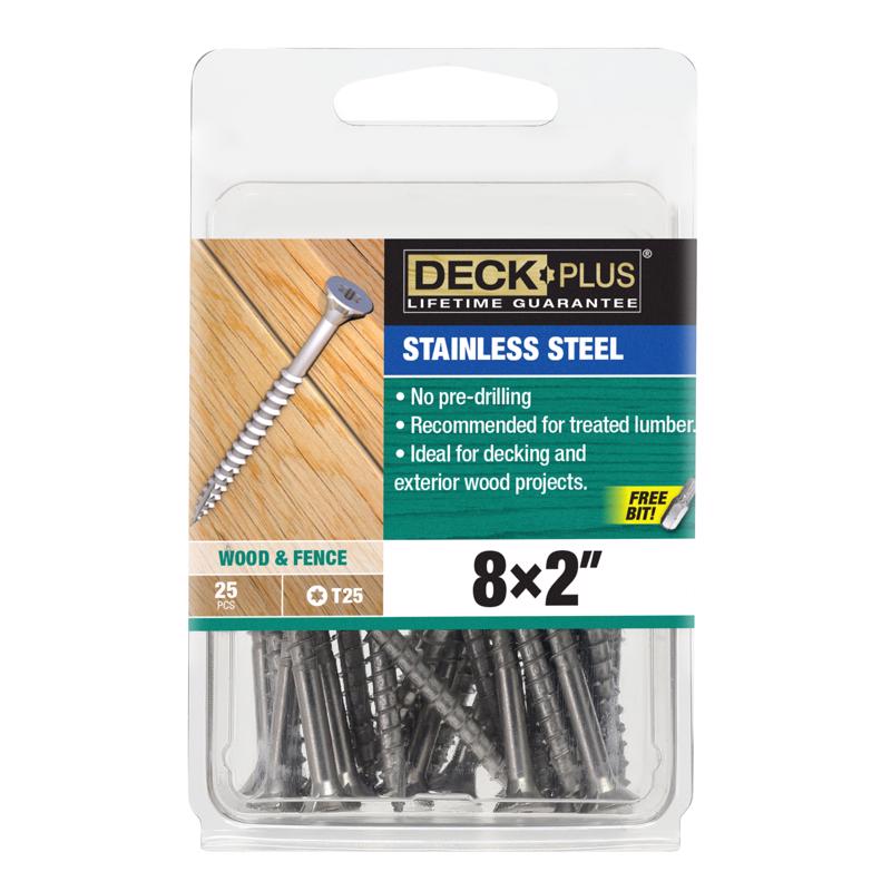 Emery Jensen #8x2-inch deck screw in a carded package, ideal for outdoor woodworking and construction projects.