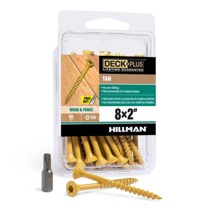 Emery Jensen deck screw 8x2 inches in a carded pack, showing silver flat-head screws for woodworking projects.